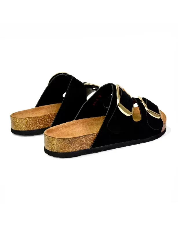 Dolly Slip On Sliders Statement Double Buckle Up Flat Sandals in Black