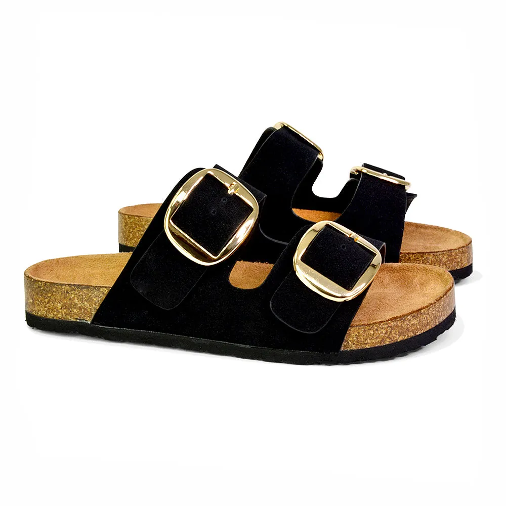 Dolly Slip On Sliders Statement Double Buckle Up Flat Sandals in Black