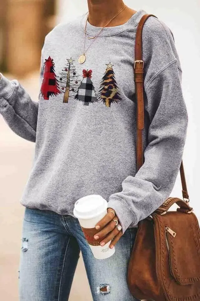 Dunnmall Casual Grey Christmas Tree Print Top