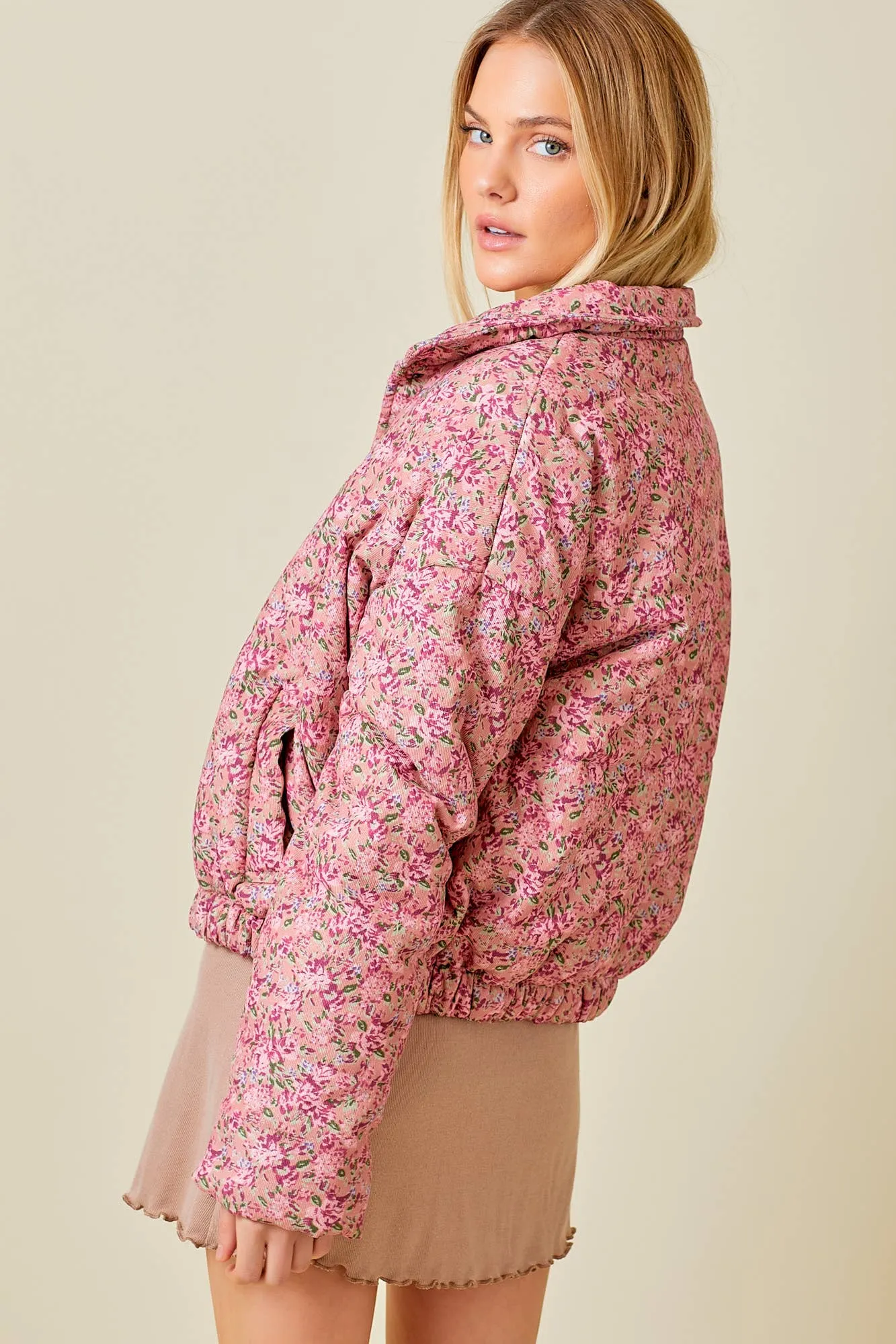 DUSTY ROSE FLORAL PRINT CORDUROY PUFFER JACKET