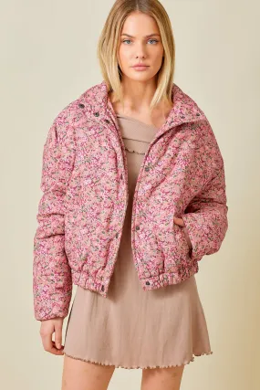 DUSTY ROSE FLORAL PRINT CORDUROY PUFFER JACKET