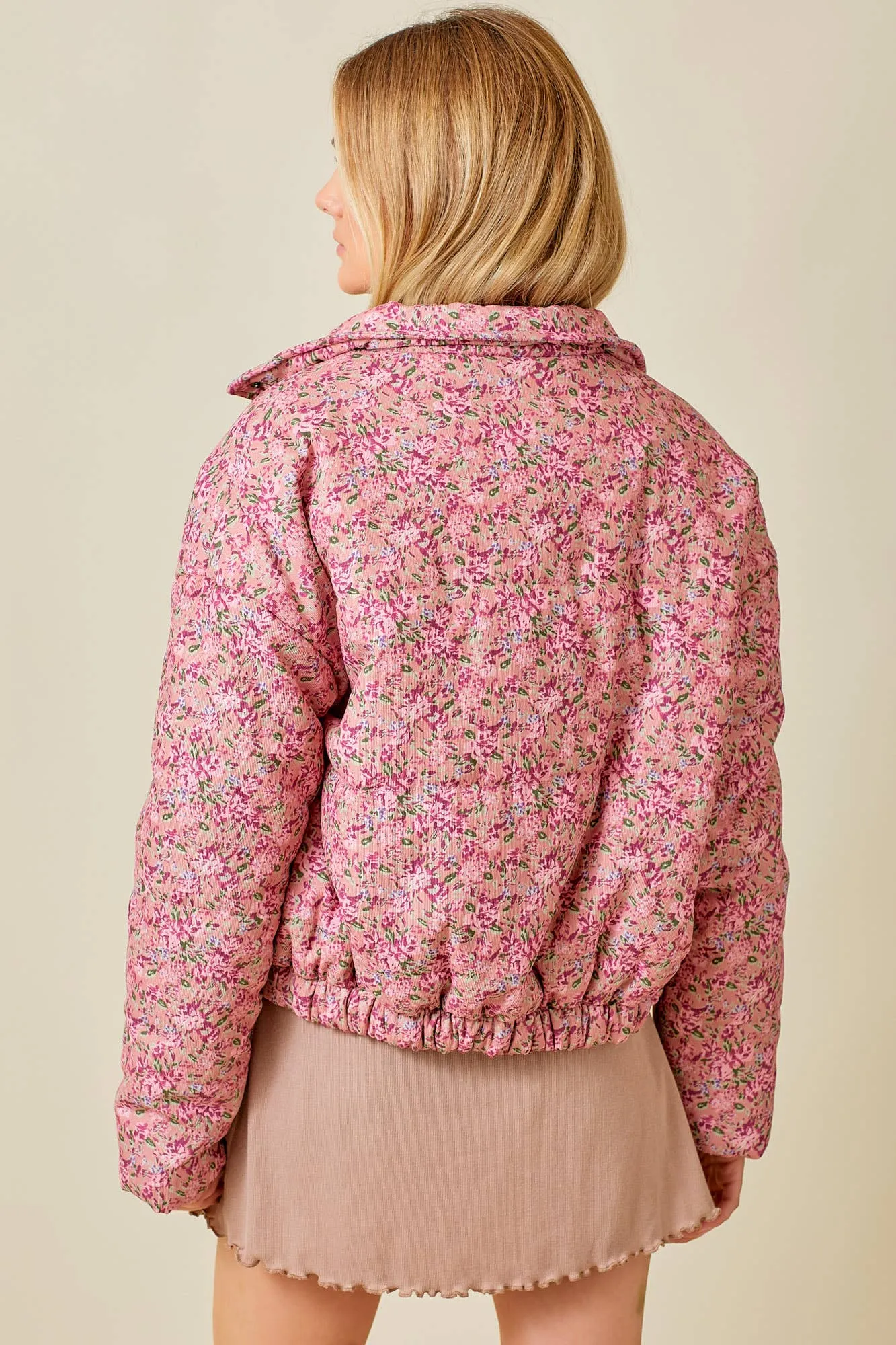 DUSTY ROSE FLORAL PRINT CORDUROY PUFFER JACKET