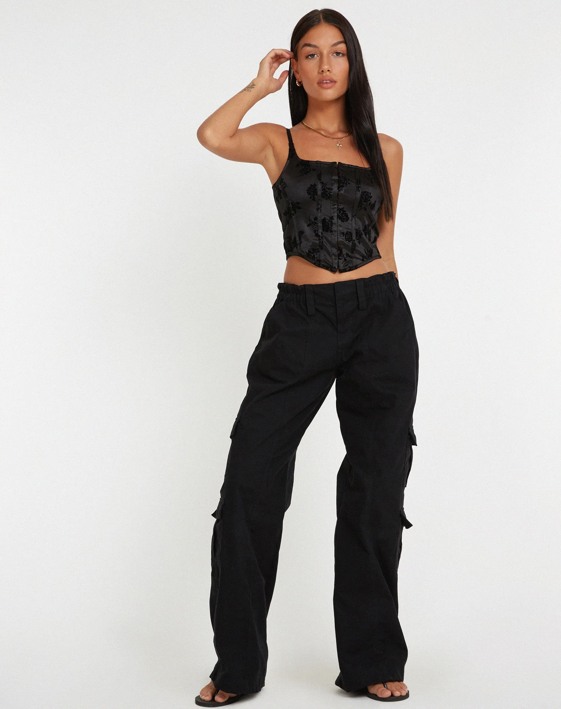 Ello Corset Top in Black Rose Flock