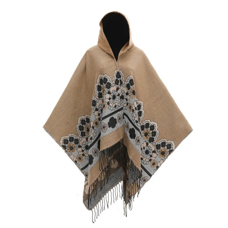 European And American Flower Woven Split Shawl Acrylic Fiber Hat Cloak