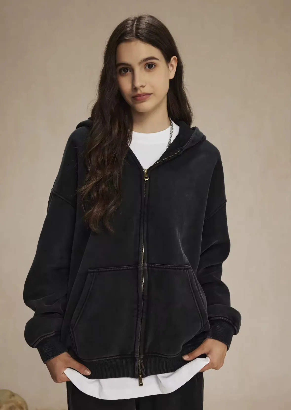 Faded Black Double Zip Up Hoodie