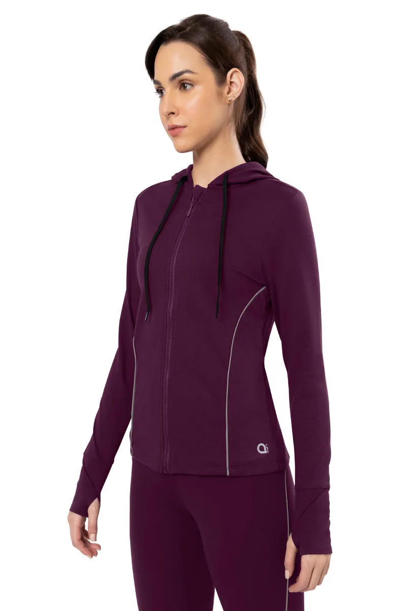 Flaunt Hoodie Full Sleeve Active Jacket - Blackberry Wine