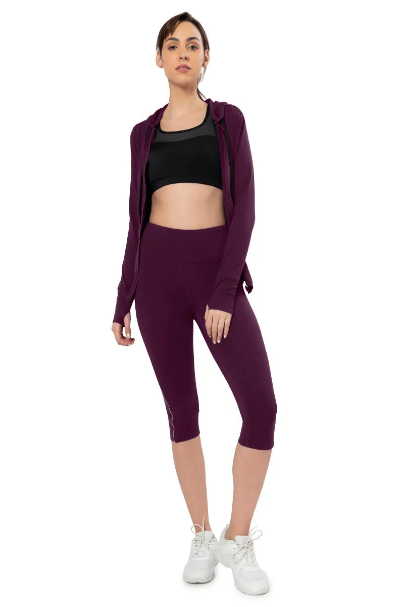 Flaunt Hoodie Full Sleeve Active Jacket - Blackberry Wine