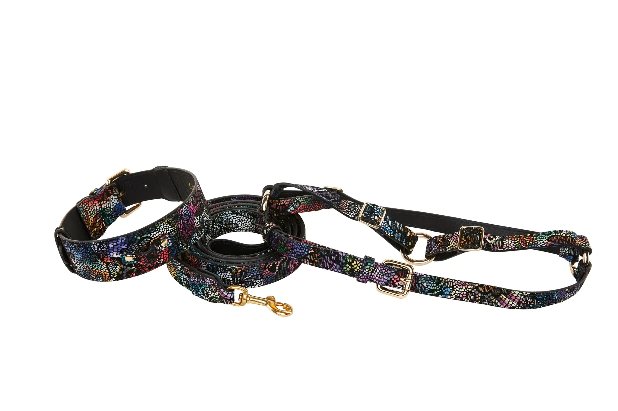 Floral/Lace Embossed Italian Leather Classic Collar, Leash, Harness Set