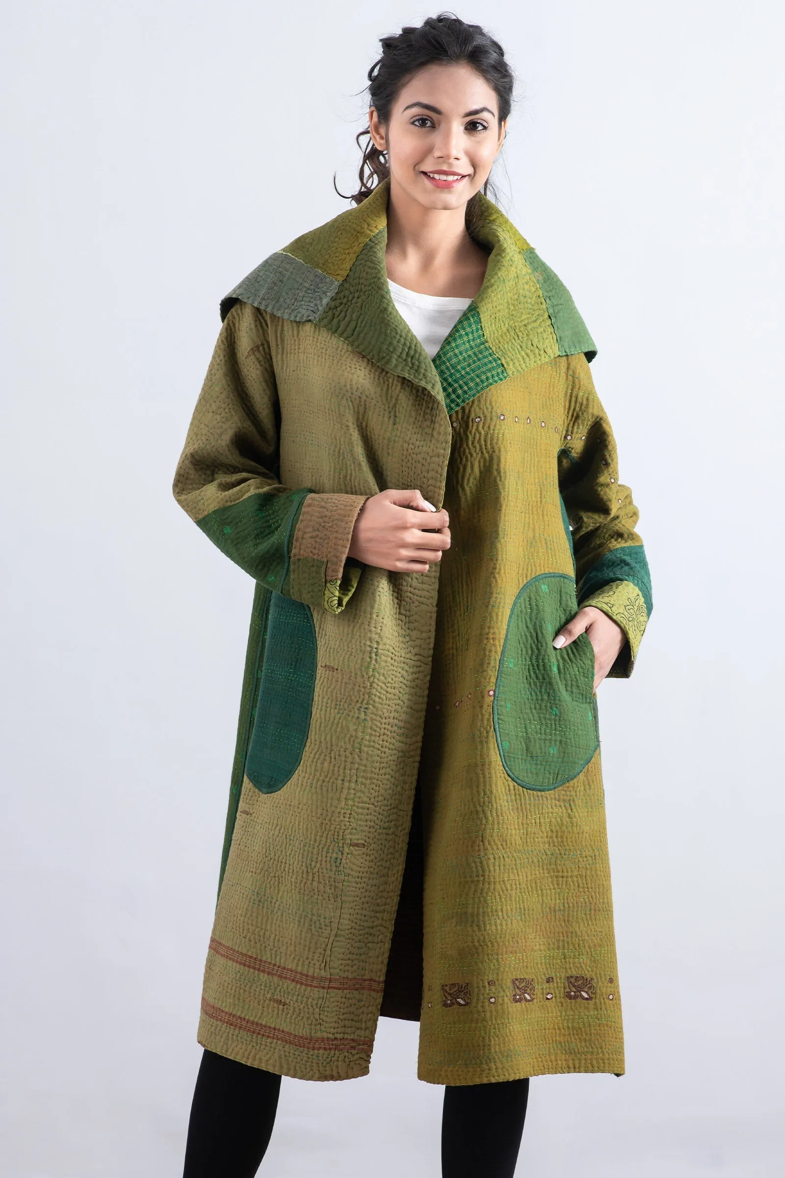 FRAYED PATCH MIX KANTHA A-LINE COAT - fm4309-grn -