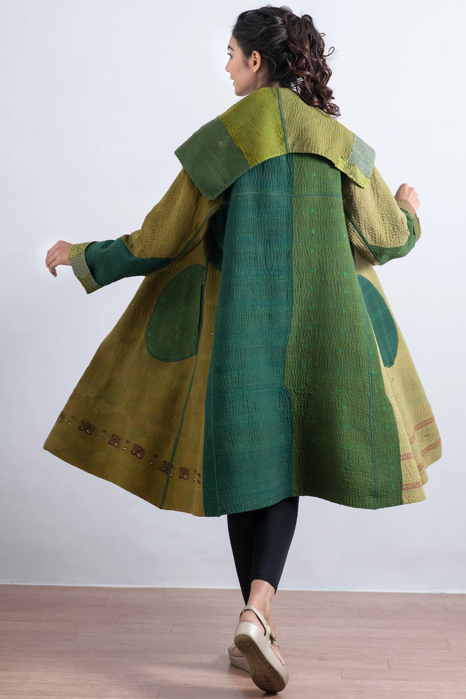 FRAYED PATCH MIX KANTHA A-LINE COAT - fm4309-grn -