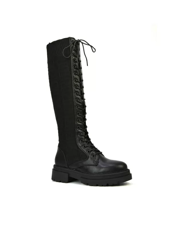 Jayne Stretchy Sock Chunky Combat Lace Up Knee High Biker Boots in Black Synthetic Leather