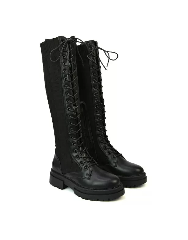 Jayne Stretchy Sock Chunky Combat Lace Up Knee High Biker Boots in Black Synthetic Leather