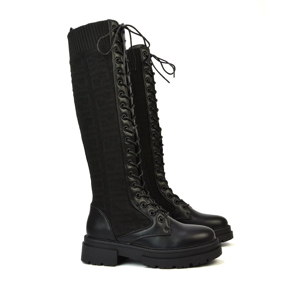 Jayne Stretchy Sock Chunky Combat Lace Up Knee High Biker Boots in Black Synthetic Leather