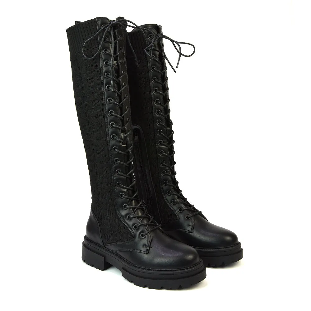 Jayne Stretchy Sock Chunky Combat Lace Up Knee High Biker Boots in Black Synthetic Leather