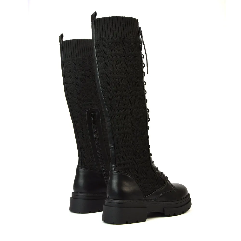 Jayne Stretchy Sock Chunky Combat Lace Up Knee High Biker Boots in Black Synthetic Leather