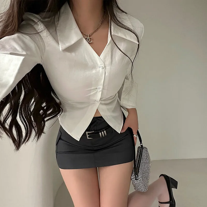 Kiara Solid Color Lapels Long Sleeve Office Shirt Top