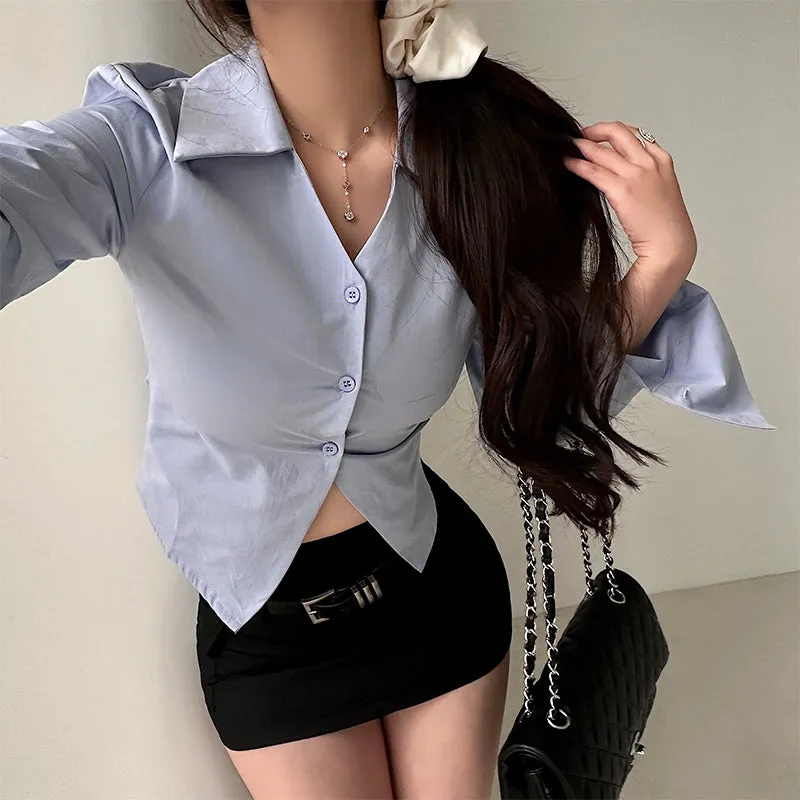 Kiara Solid Color Lapels Long Sleeve Office Shirt Top