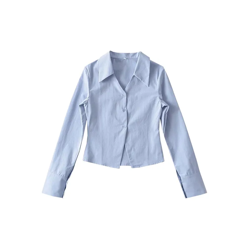 Kiara Solid Color Lapels Long Sleeve Office Shirt Top