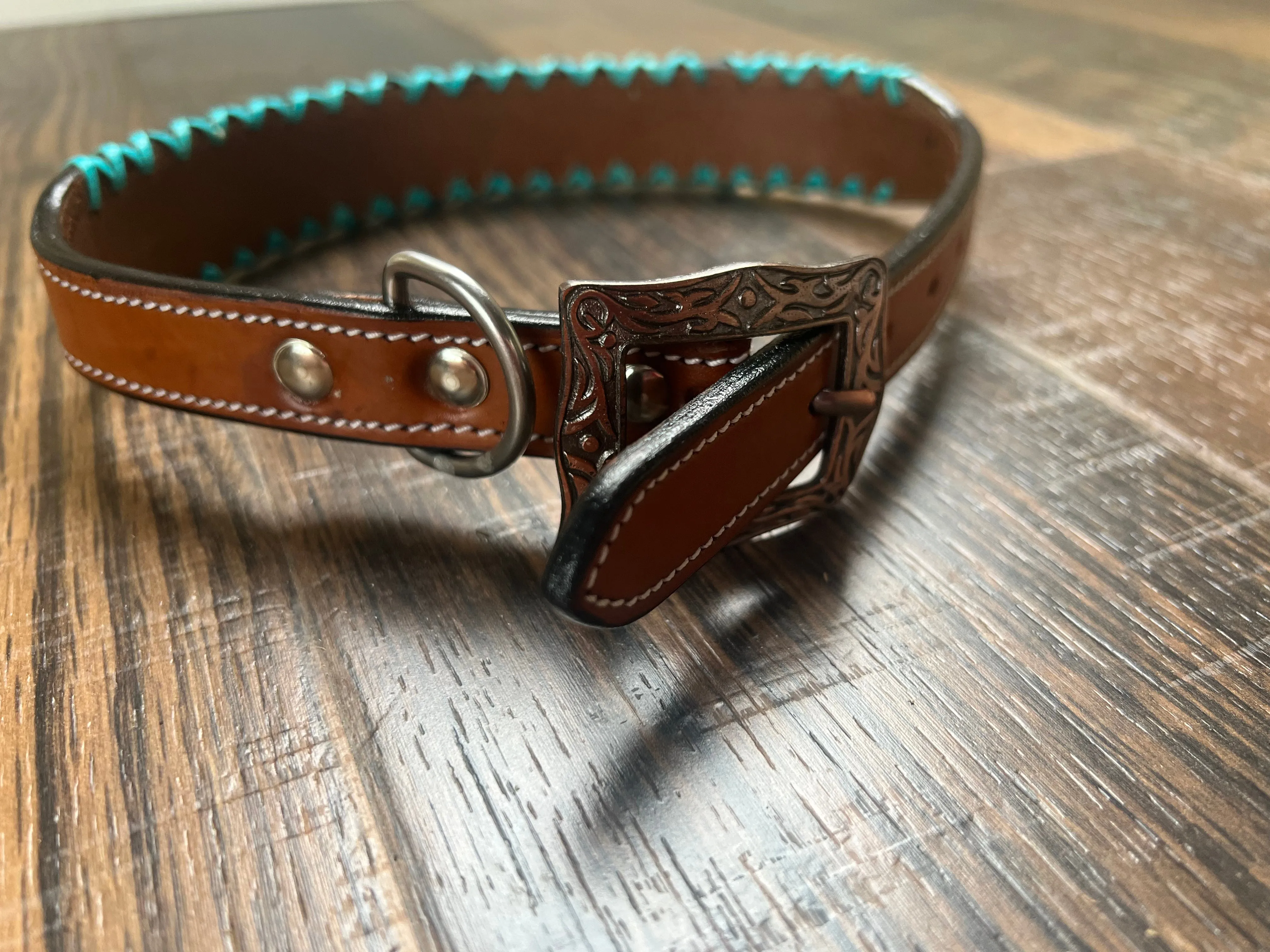 Leather Dog Collar with teal, black, maroon beaded and teal rawhide lacing