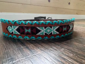 Leather Dog Collar with teal, black, maroon beaded and teal rawhide lacing