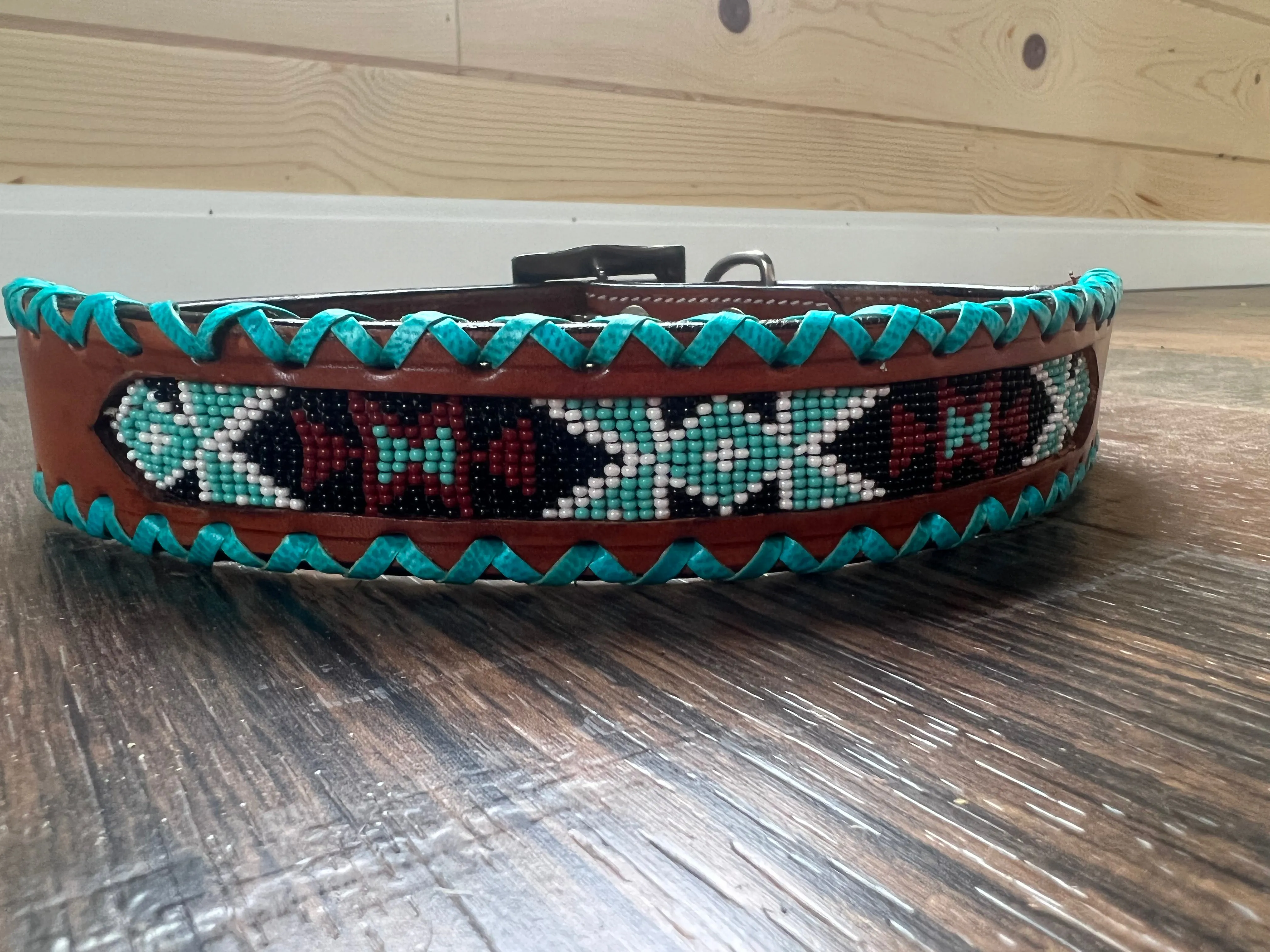 Leather Dog Collar with teal, black, maroon beaded and teal rawhide lacing