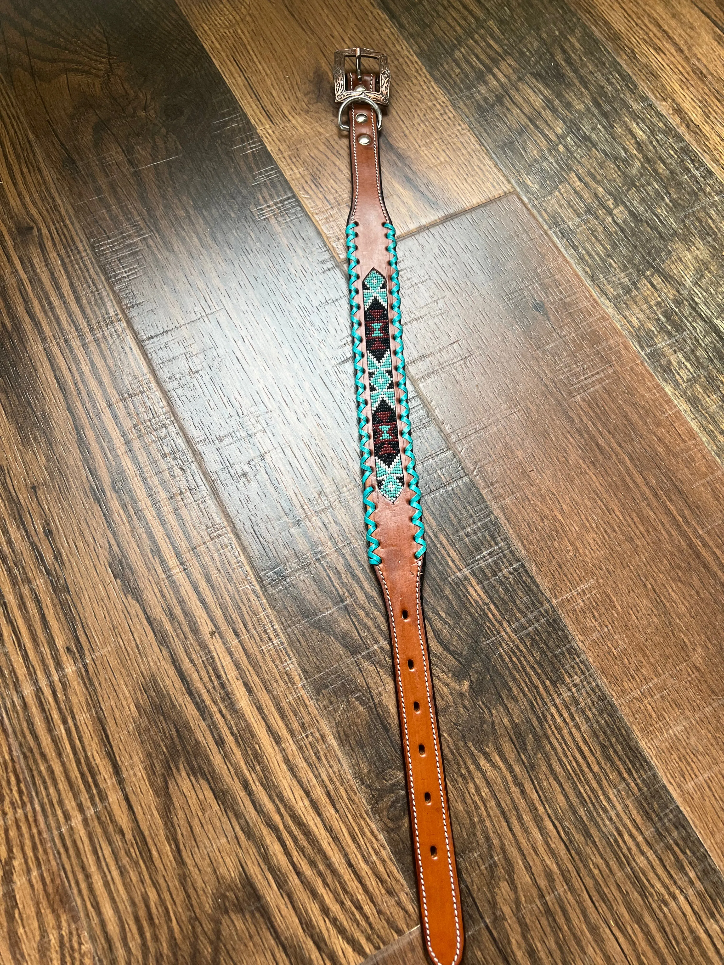 Leather Dog Collar with teal, black, maroon beaded and teal rawhide lacing