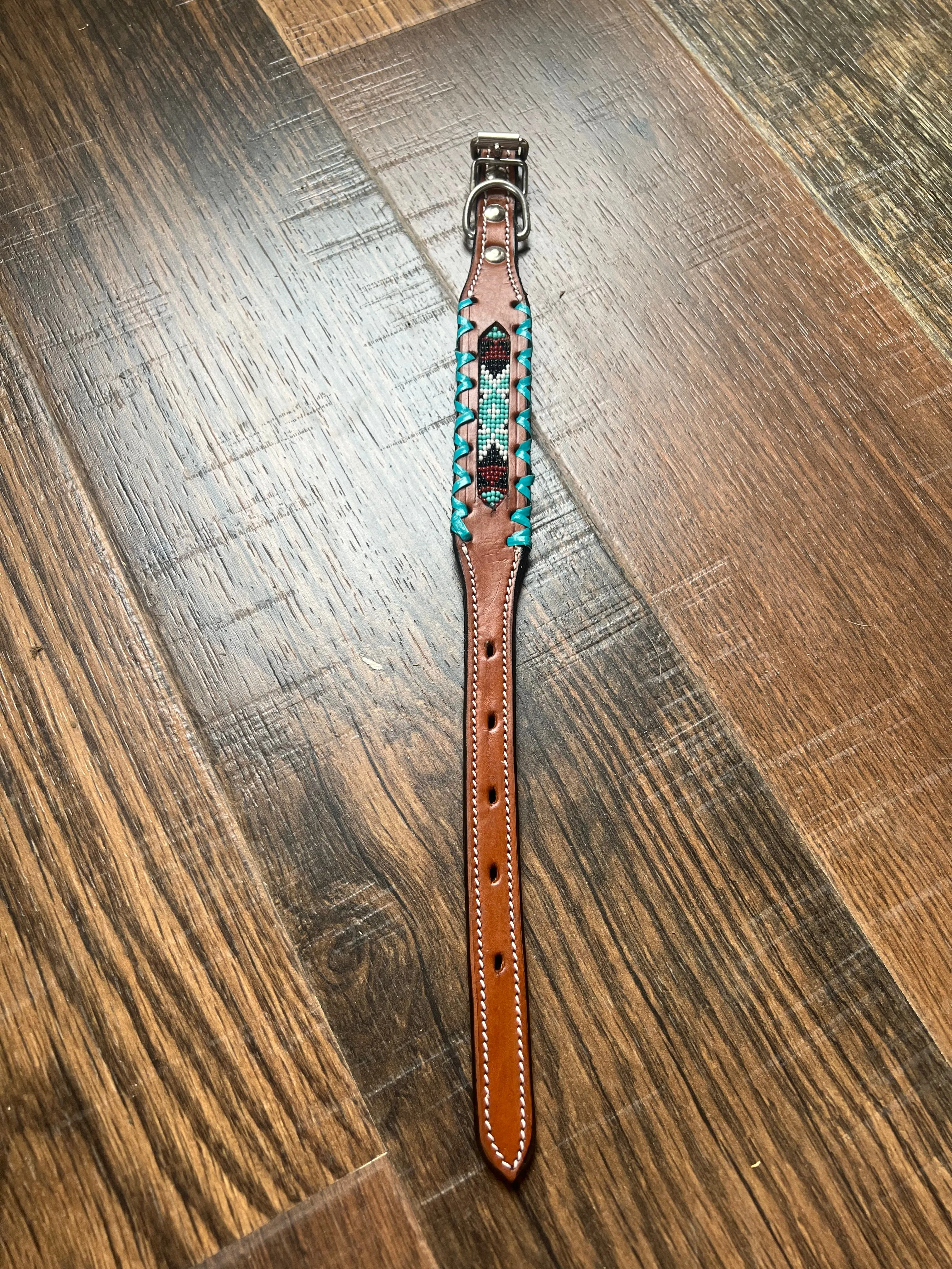 Leather Dog Collar with teal, black, maroon beaded and teal rawhide lacing