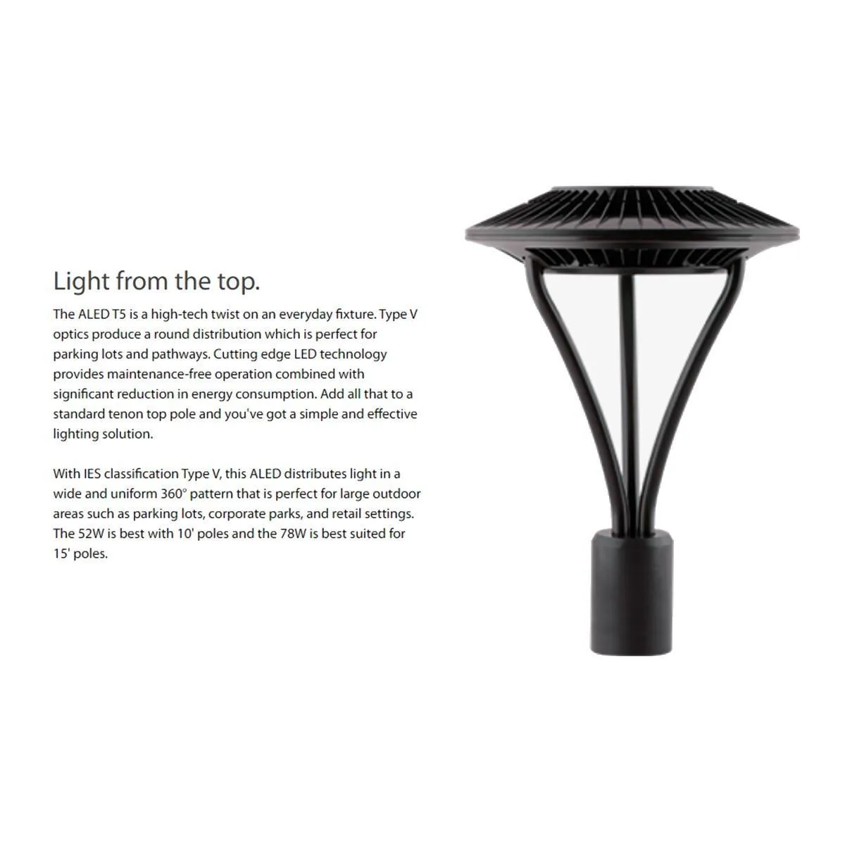 LED Post Top Light, 52 Watts, 6500 Lumens, 5000K, Post Top Mount, 120-277V, Black