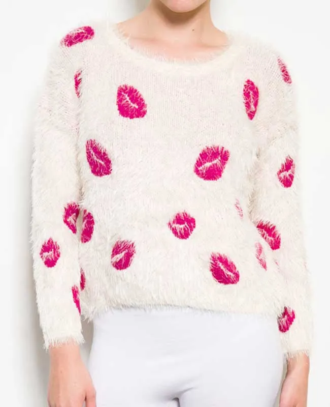 Lips Frayed White Sweater