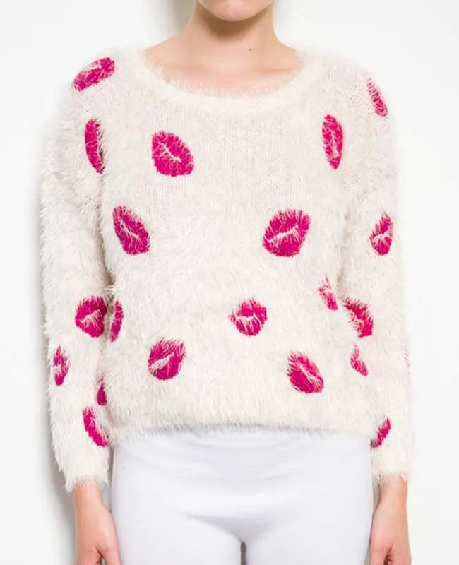 Lips Frayed White Sweater