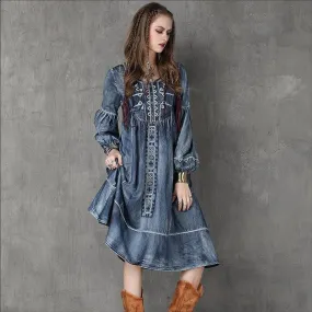 Long Lantern Sleeve Embroidery Denim Dress