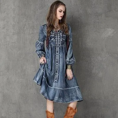 Long Lantern Sleeve Embroidery Denim Dress