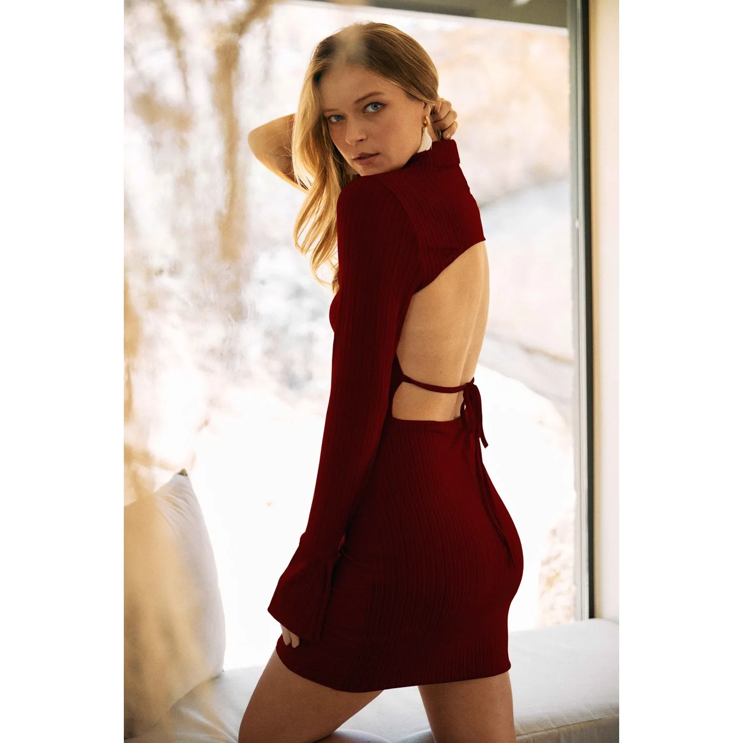 Long Sleeve Collar Ruched Rib open back dress