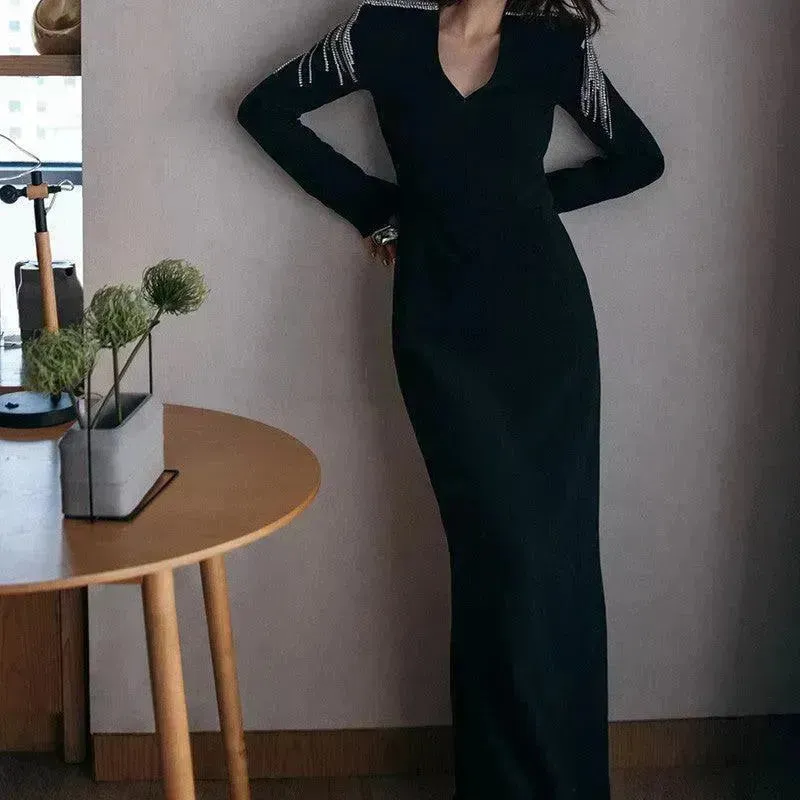 Long Sleeve Slimming Black Evening Dress