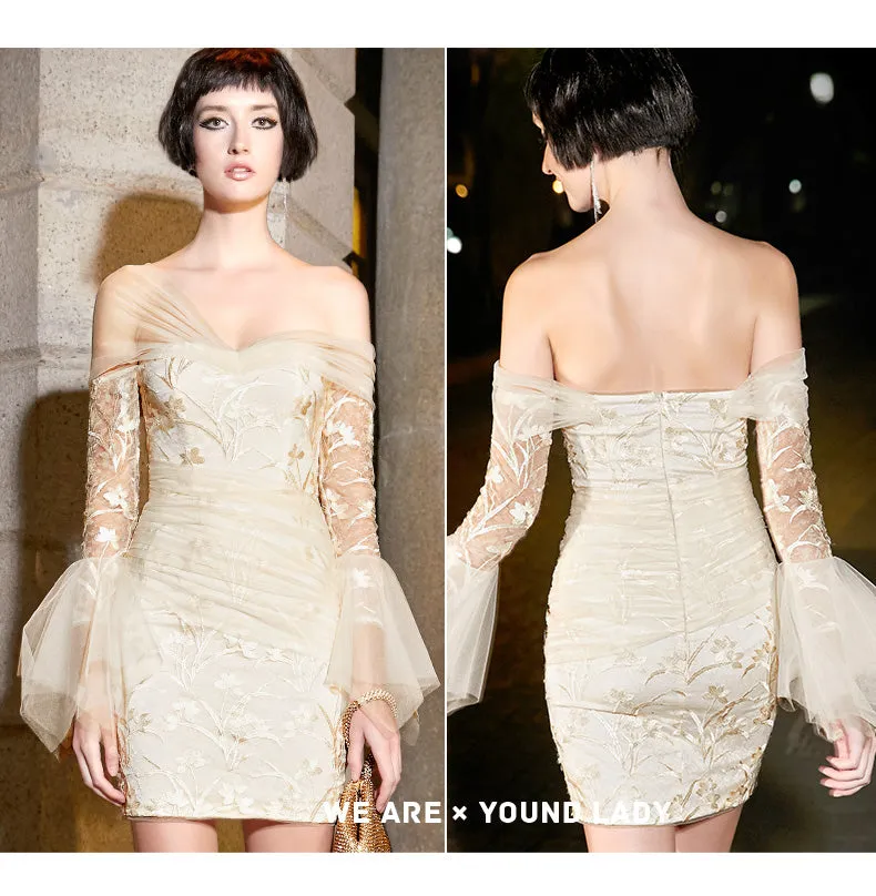 Luxury off shoulder sexy lace mini wedding cocktail dress - Casia