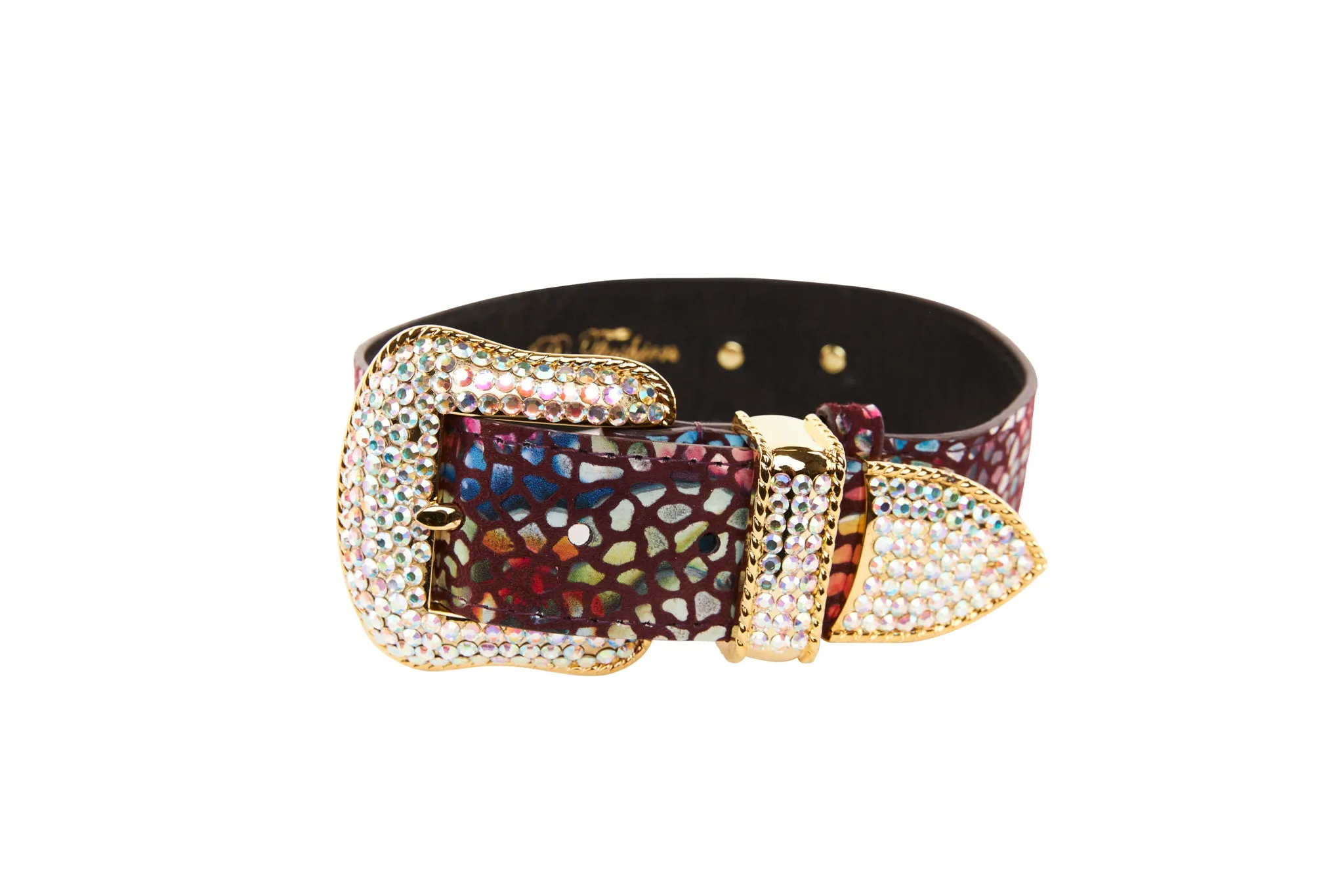 Luxury Pet Fashion Burgundy Floral Mosaic Italian Leather With Gold Swarovski Crystal Hardware