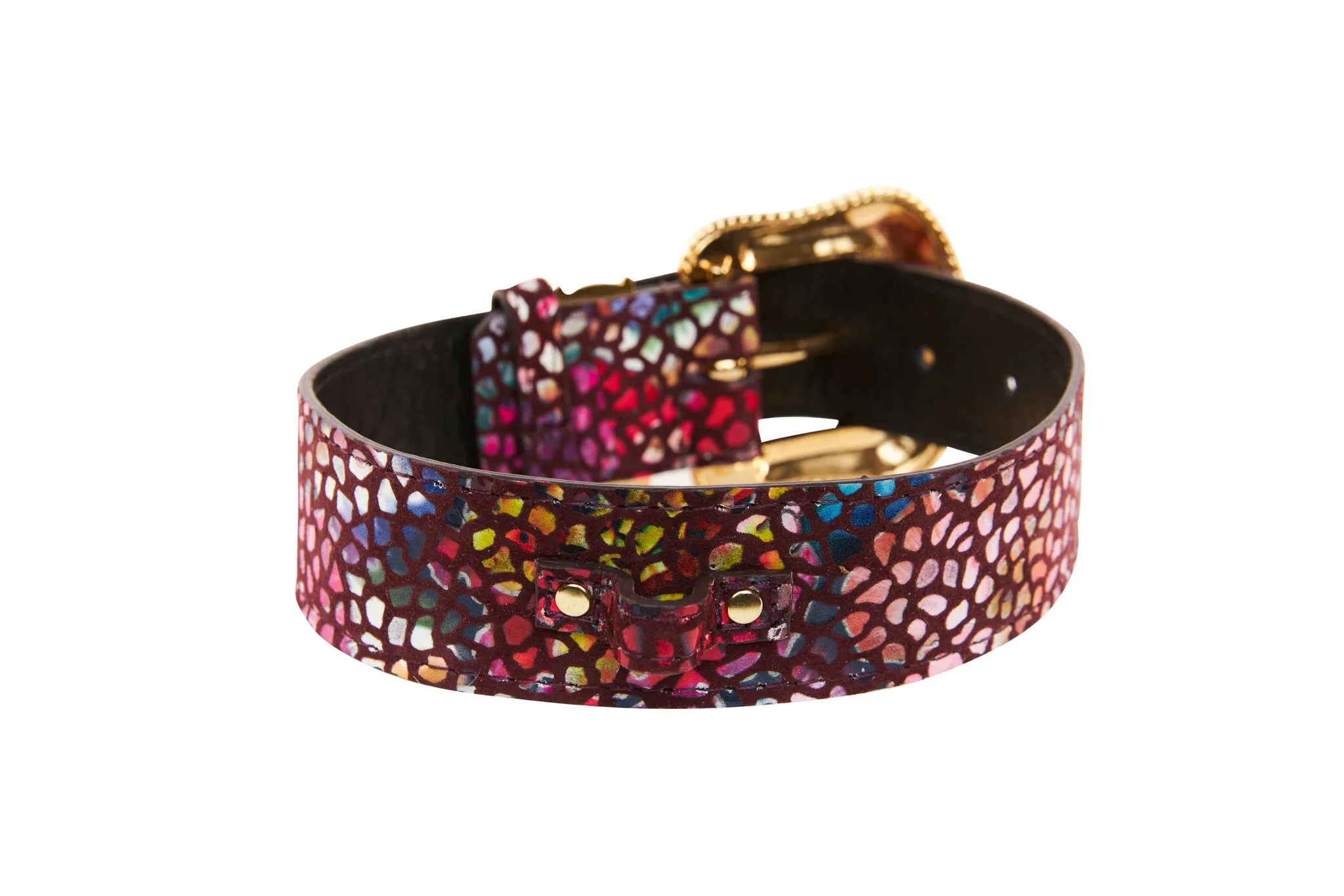 Luxury Pet Fashion Burgundy Floral Mosaic Italian Leather With Gold Swarovski Crystal Hardware