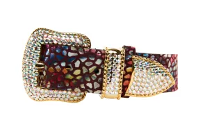 Luxury Pet Fashion Burgundy Floral Mosaic Italian Leather With Gold Swarovski Crystal Hardware