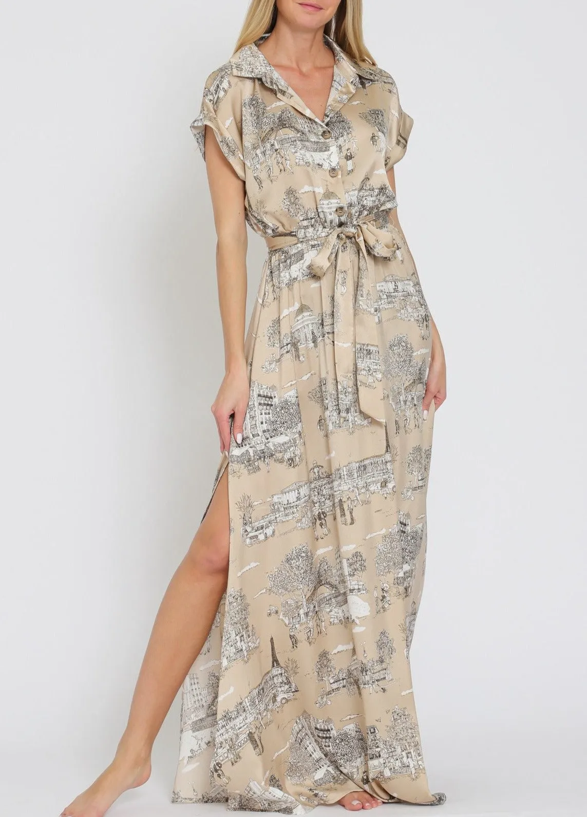 Mademoiselle Button Down Belted Maxi Abstract Dress in Begie/White