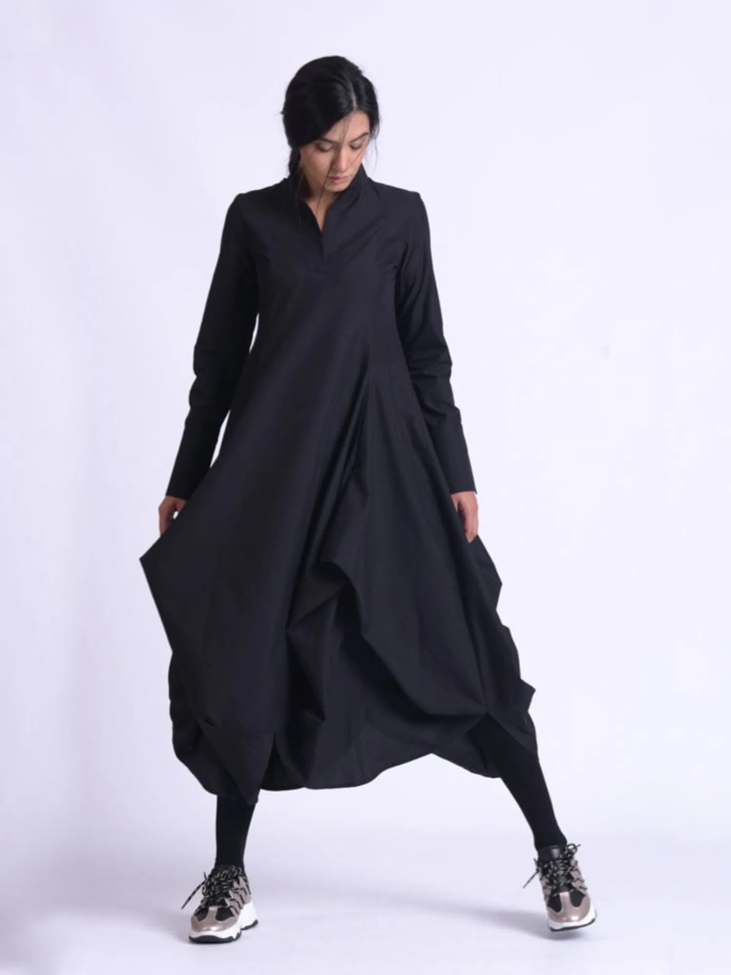 Maxi Asymmetric Collar Shirt  Dress In Black