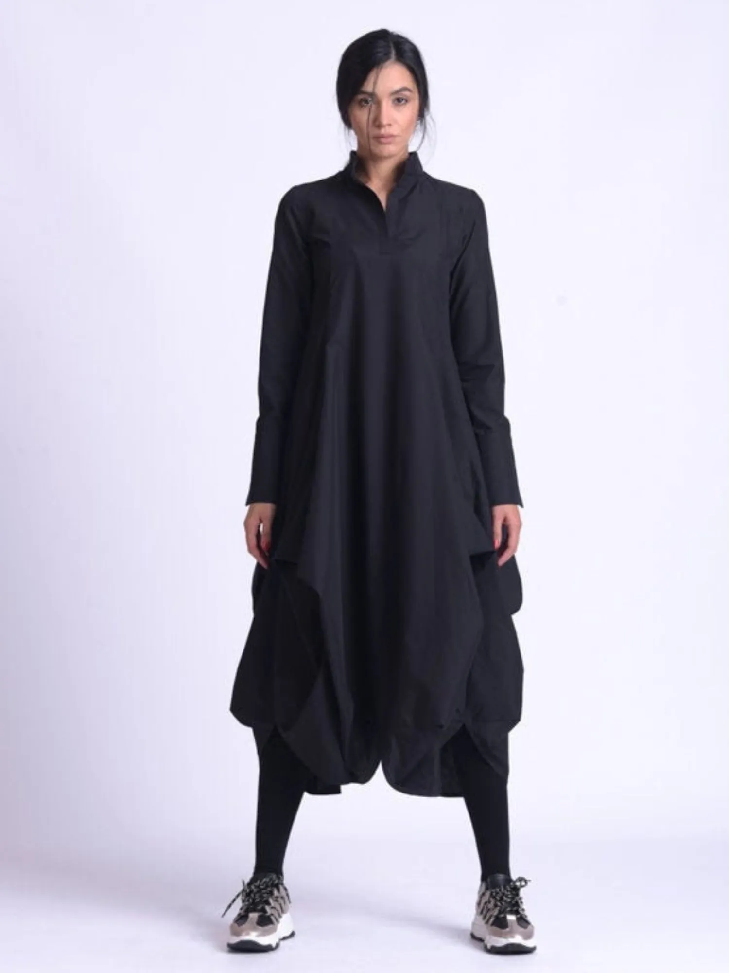 Maxi Asymmetric Collar Shirt  Dress In Black