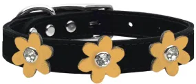 Metallic Flower Leather Collar Black With Gold Flowers Size 14