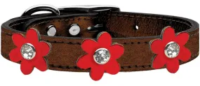 Metallic Flower Leather Collar Bronze With Metallic Red Flowers Size 12