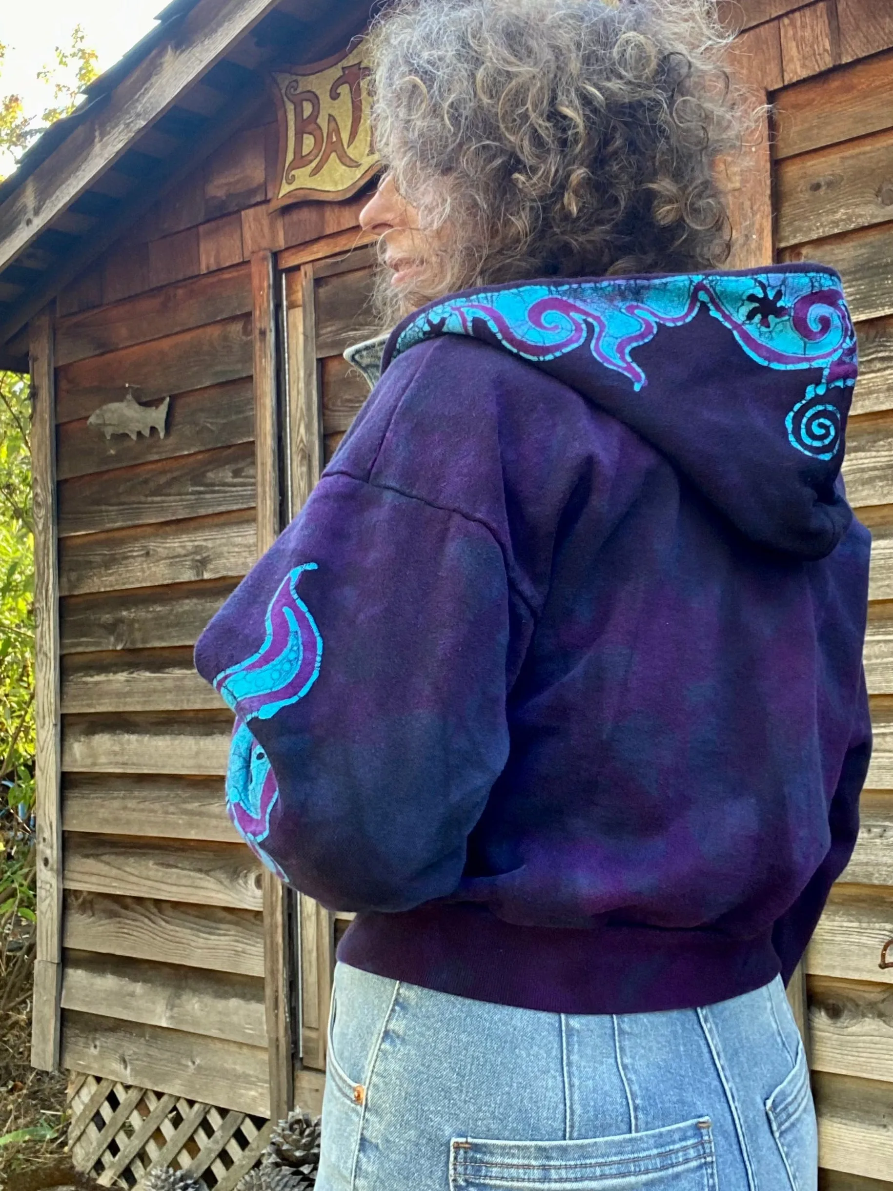 Midnight Purple with Turquoise Flames Handmade Batik Hoodie - Size SMALL