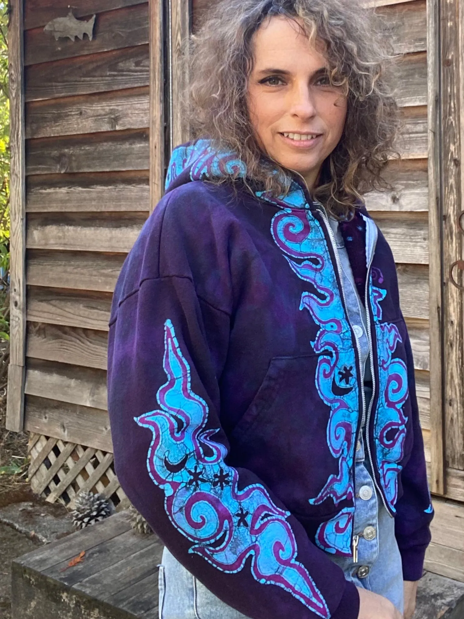 Midnight Purple with Turquoise Flames Handmade Batik Hoodie - Size SMALL