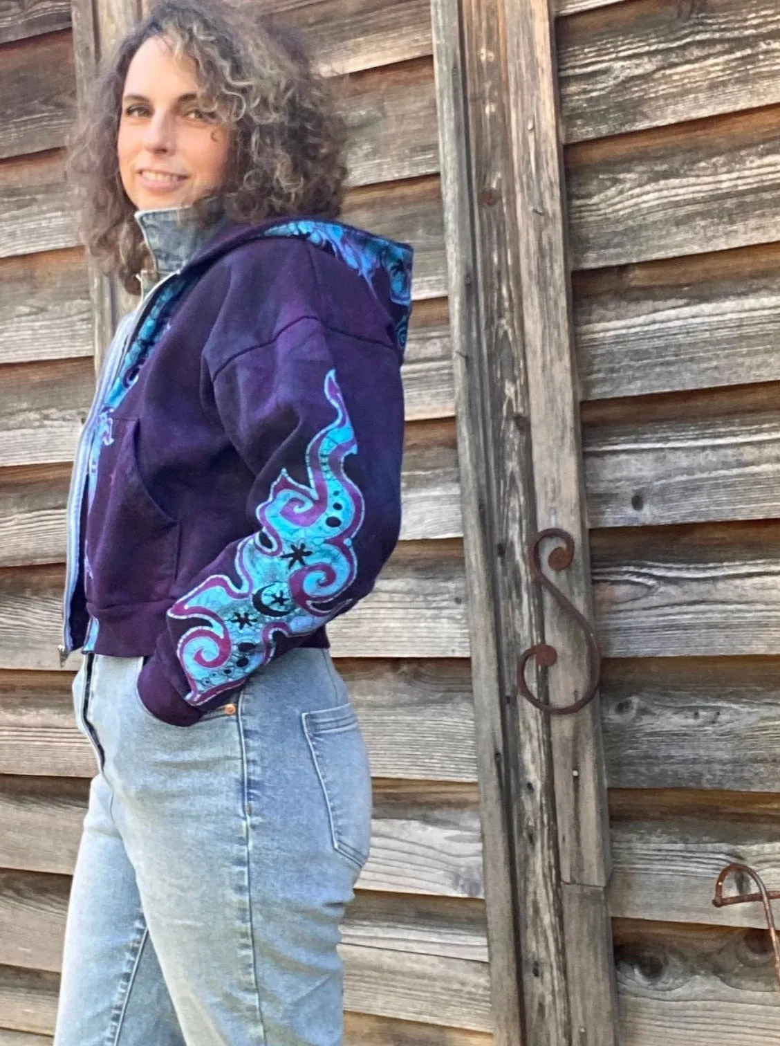 Midnight Purple with Turquoise Flames Handmade Batik Hoodie - Size SMALL