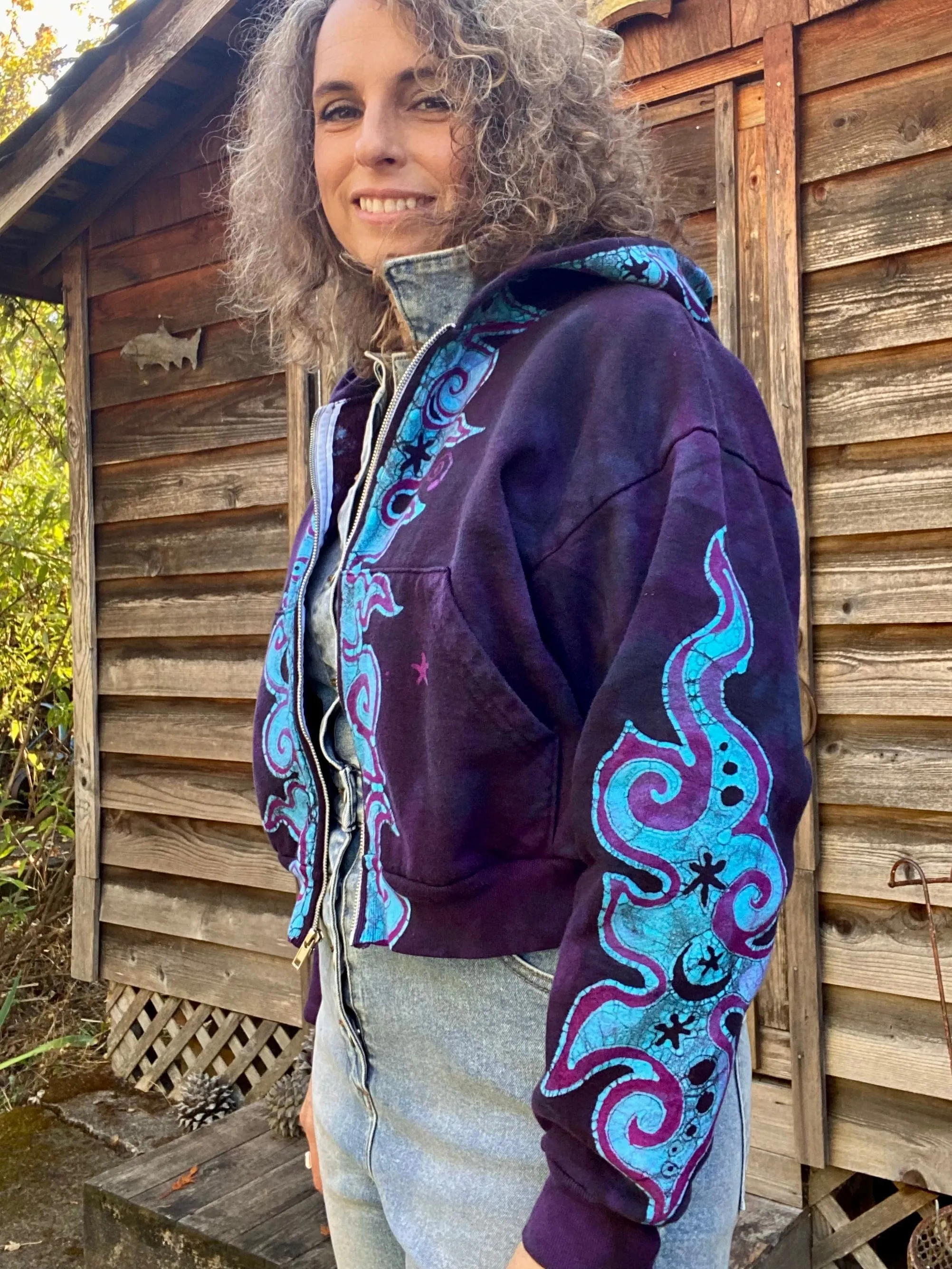 Midnight Purple with Turquoise Flames Handmade Batik Hoodie - Size SMALL