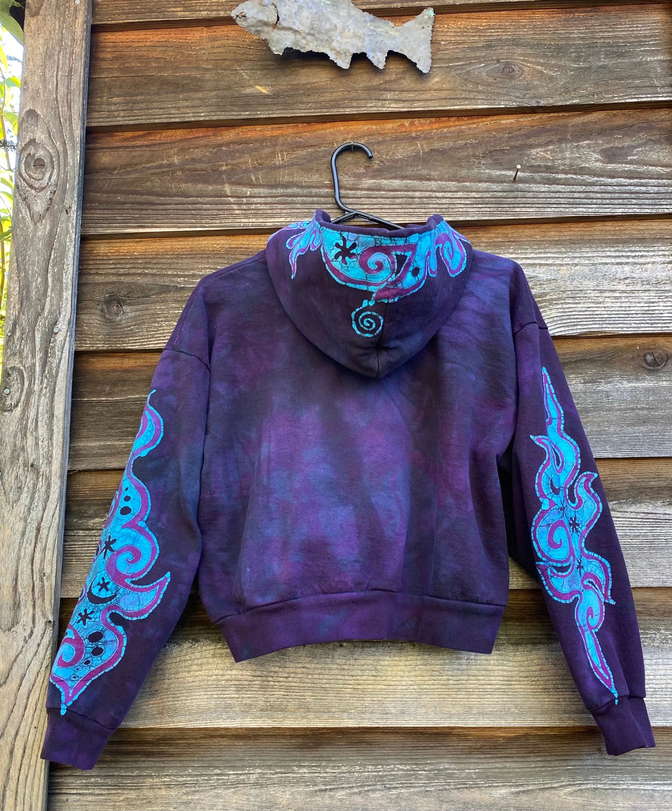 Midnight Purple with Turquoise Flames Handmade Batik Hoodie - Size SMALL