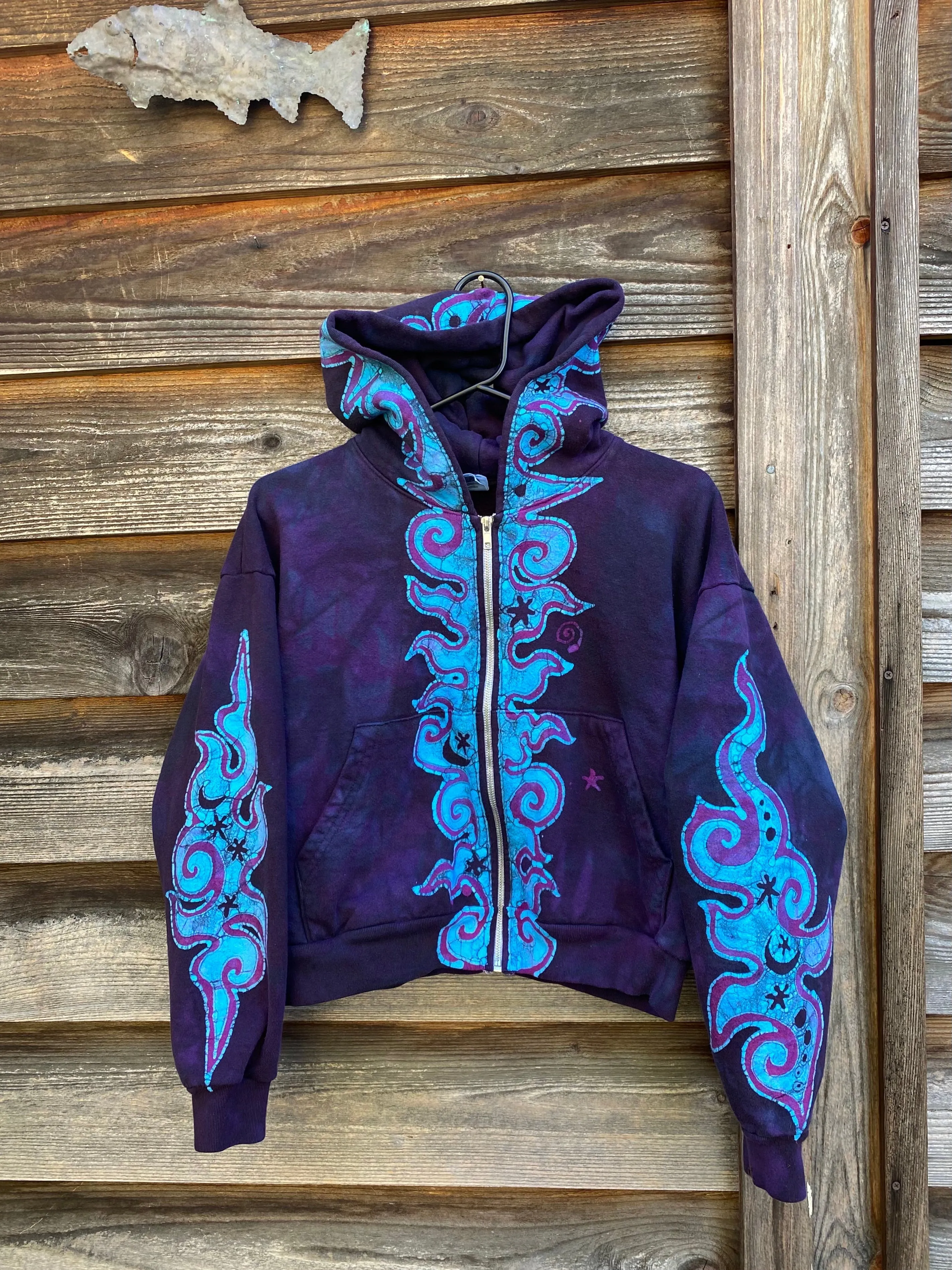 Midnight Purple with Turquoise Flames Handmade Batik Hoodie - Size SMALL