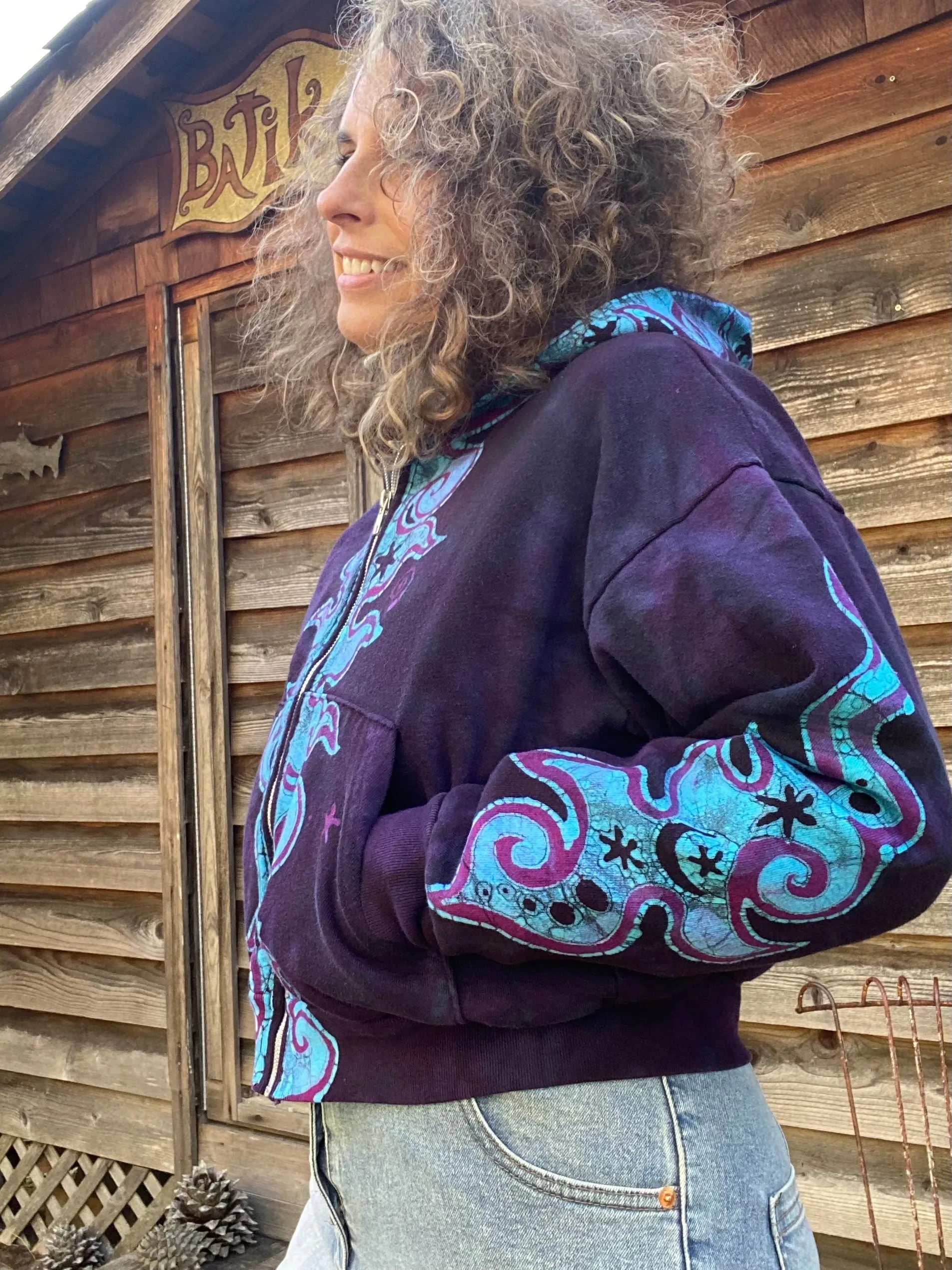 Midnight Purple with Turquoise Flames Handmade Batik Hoodie - Size SMALL